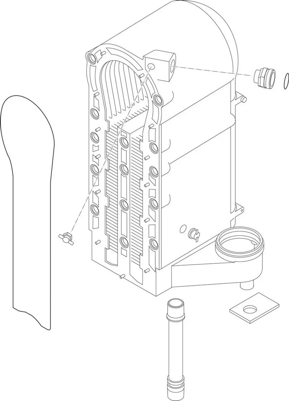 Schematische Darstellung eines Wärmetauschers von Bosch mit einzelnen Komponenten wie Anschlüssen, Dichtungen und Röhren.